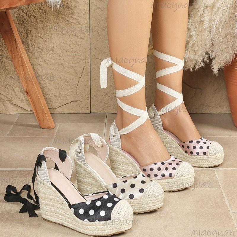 Ribbon Tie Heel - Nouvelles sandales compensées à pois pour