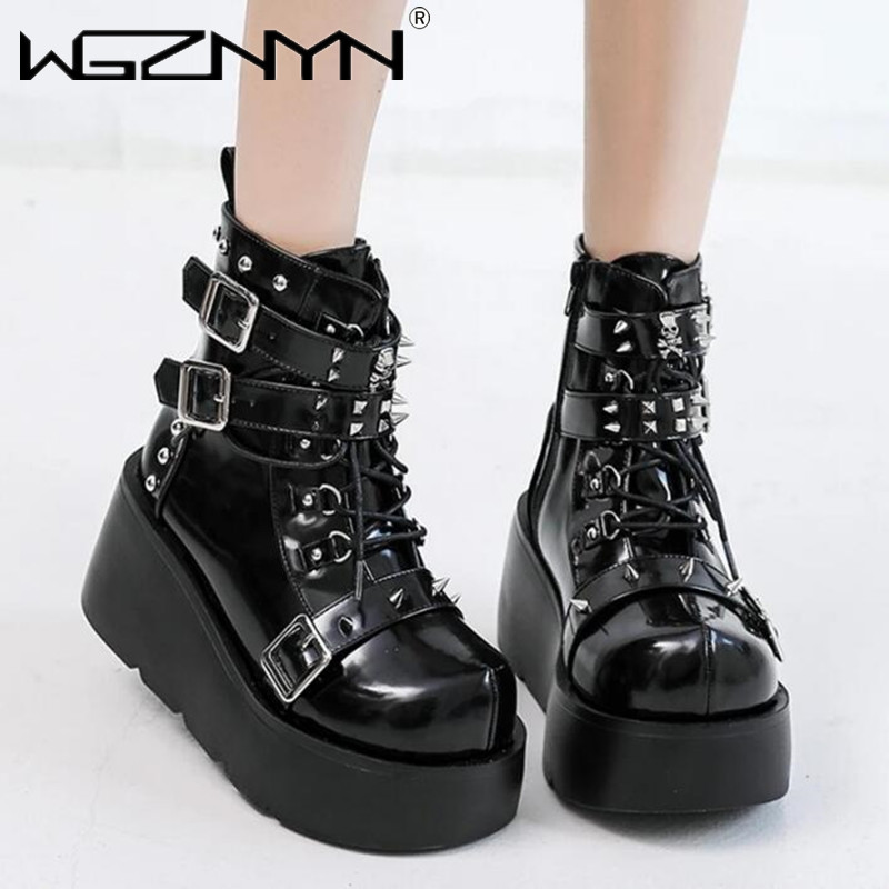 Block Heel Ankle Boots - Bottes gothiques à talons hauts compensés