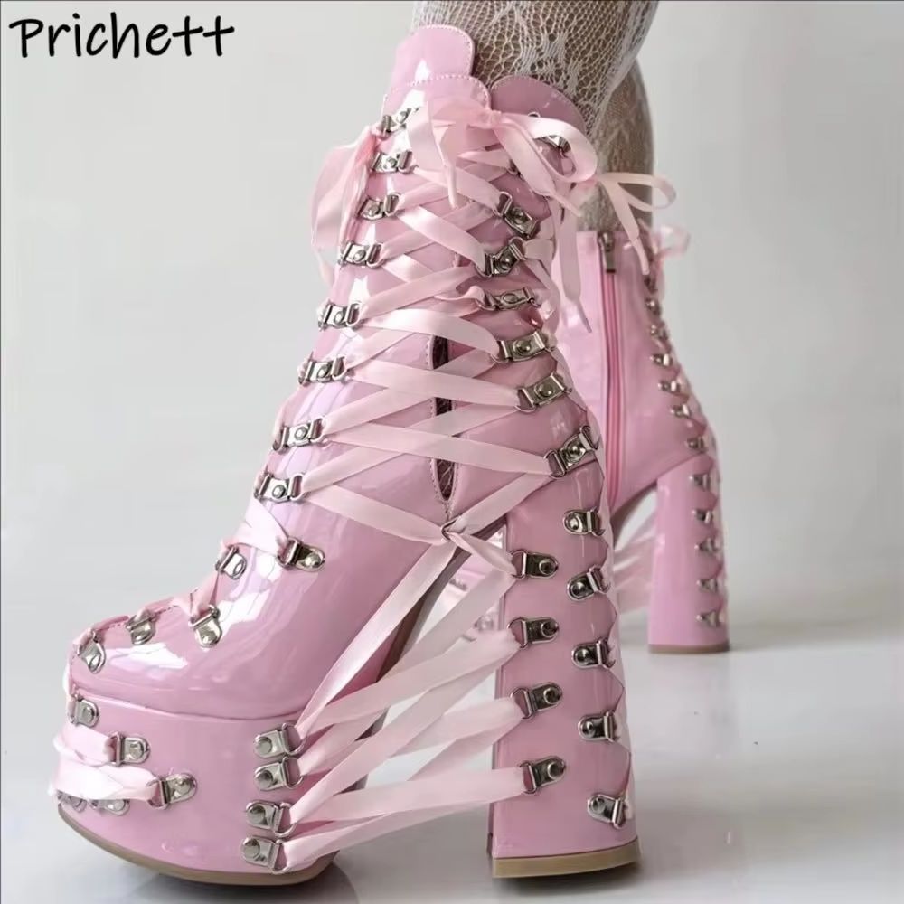 Ribbon Tie Heel - Bottines croisées noires et roses avec