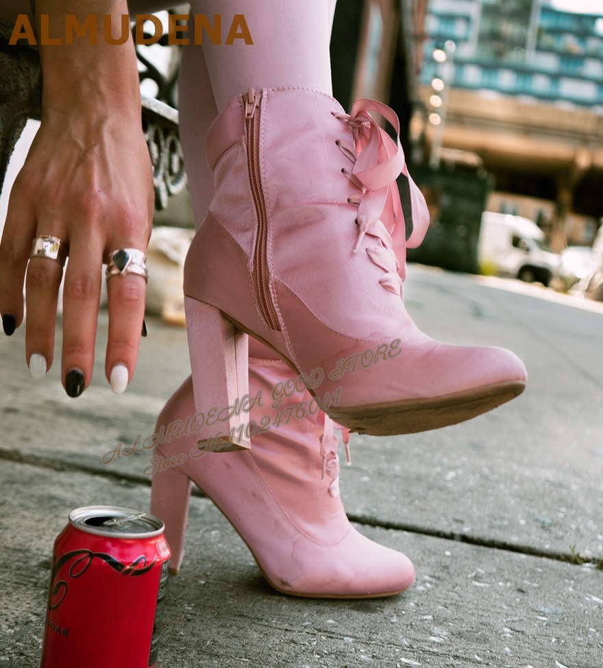 Ribbon Tie Heel - ALMUDENA rose Satin talon épais bottines