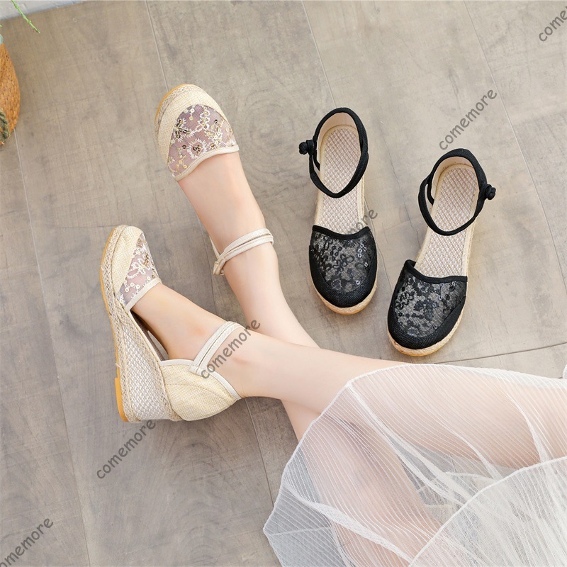 Espadrille Wedge Shoes - Sandales compensées en dentelle et maille