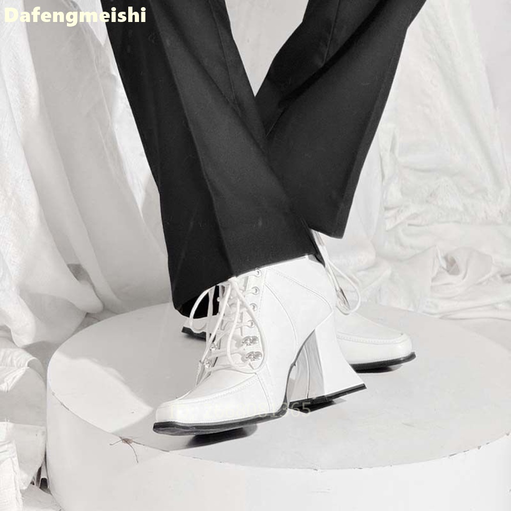 Bottines en cuir blanc à bout  - Block Heel Ankle Boots avis et prix