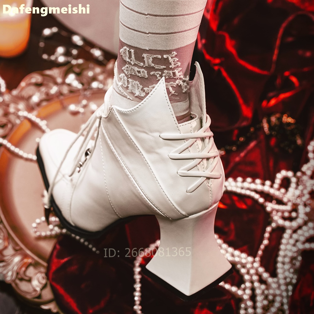 Bottines en cuir blanc à bout  - Block Heel Ankle Boots avis et prix
